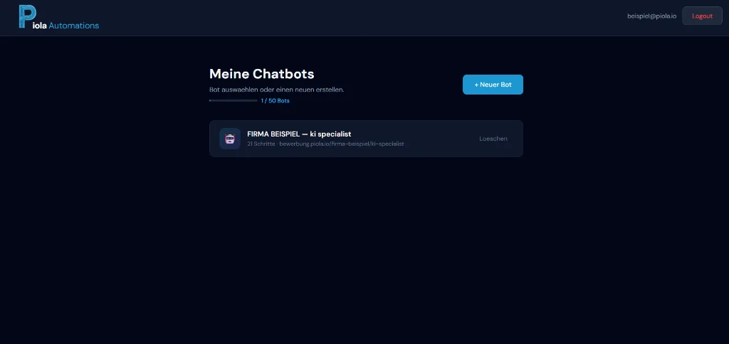 PIOLA KI Chatbot Builder Dashboard zur Erstellung von automatisierten Recruiting-Bots
