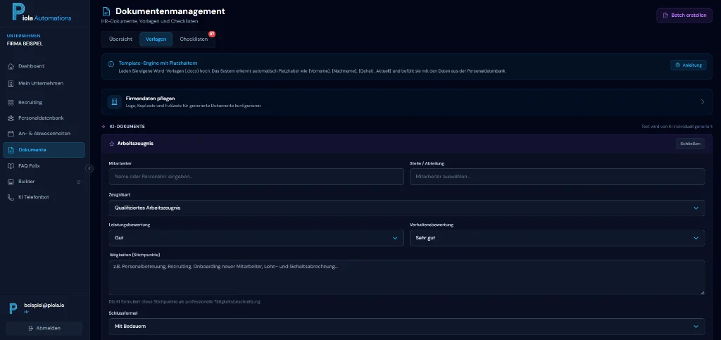 PIOLA Dokumentenmanagement für automatische KI-Verträge und Zeugnisse